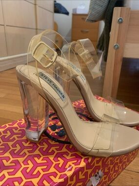 Steve Madden Clear Lucite Block Heel Sandals with Nude Footbed